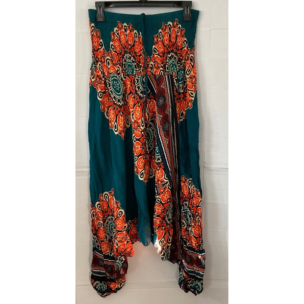 Herampants Mandala Print Harem Pants Teal Orange Smocked High Waist Festival